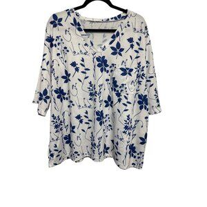 Emery Rose Womens Floral Print White & Blue V-Neck Pocketed Top 3XL